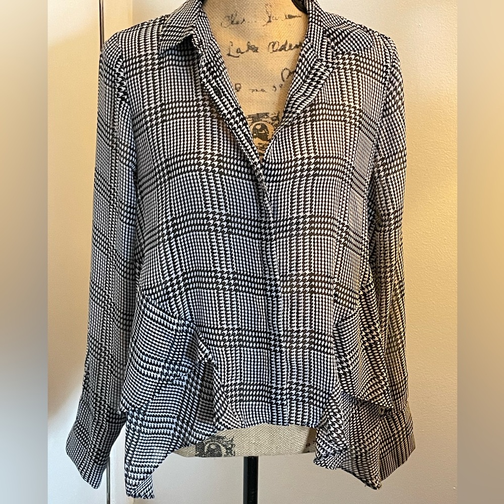 INC International Concepts Black and White Plaid Button-Front Blouse